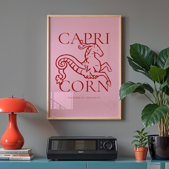 Capricorn Zodiac Sea-Goat Pink Retro Astrology Sign Art Poster