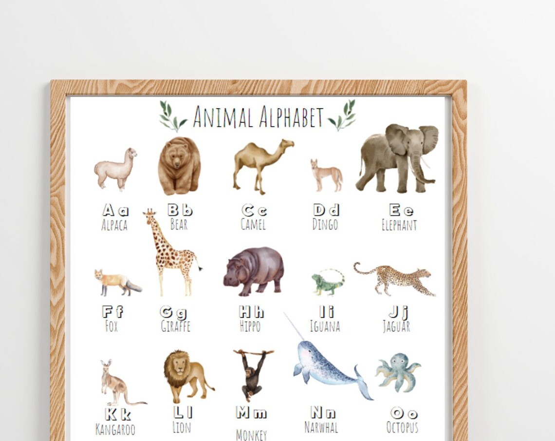 Watercolor Animal Alphabet A to O Kids Educational Nursery Art Poster