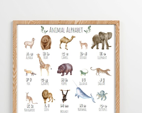 Watercolor Animal Alphabet A to O Kids Educational Nursery Art Poster