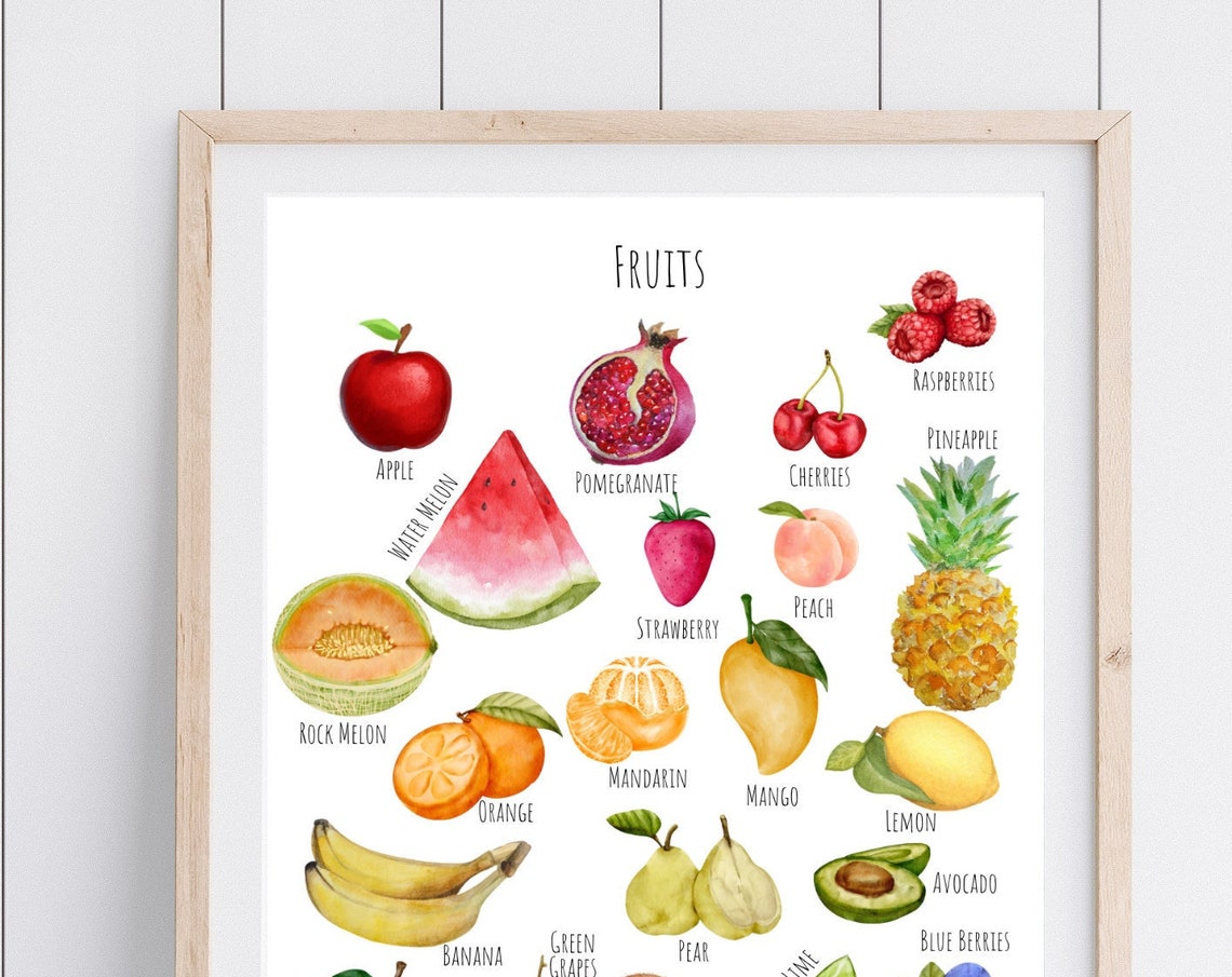 Watercolor Fruits Chart Apple Mango Pineapple Kids Kitchen Art Poster