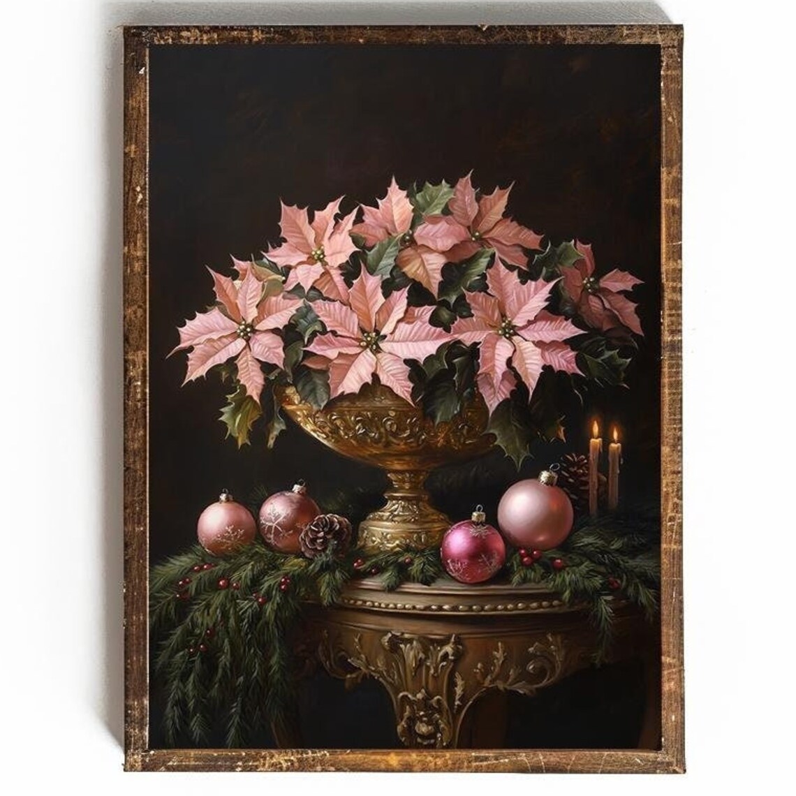 Pink Poinsettias in Gold Urn with Ornaments Holiday Floral Poster