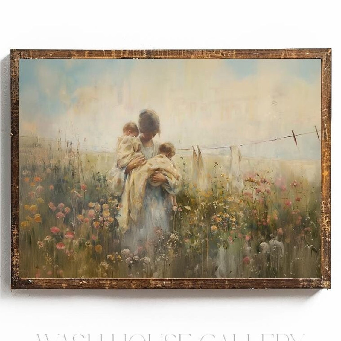 Mother Holding Two Children in a Wildflower Field Oil Painting Poster