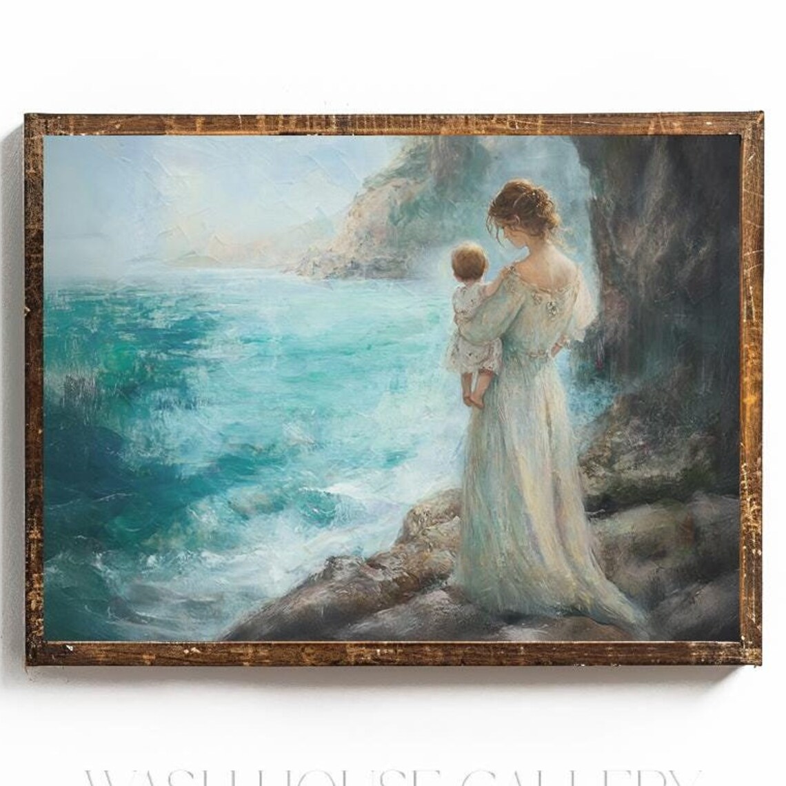 Mother and Child Standing on Rocky Beach by Turquoise Sea Poster