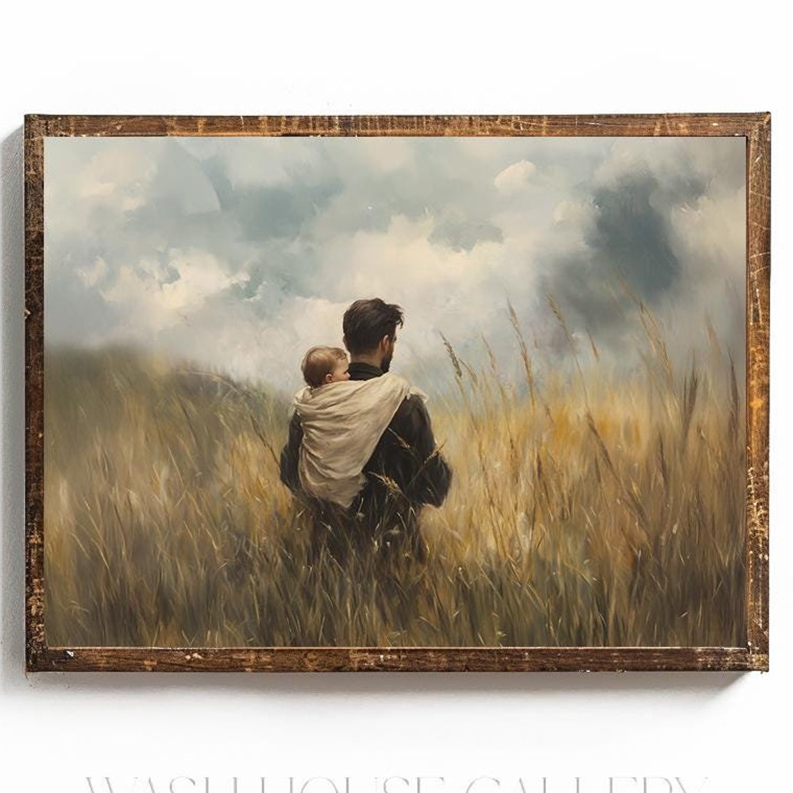 Father Carrying Child on His Back Through a Golden Wheat Field Poster