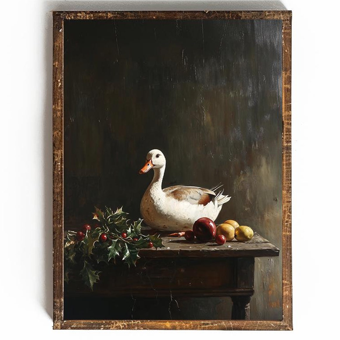 Christmas Still Life With White Goose Holly And Fruit Moody Poster