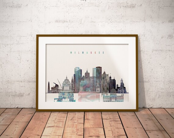 Milwaukee Watercolor City Skyline Modern Home Wall Decor Poster