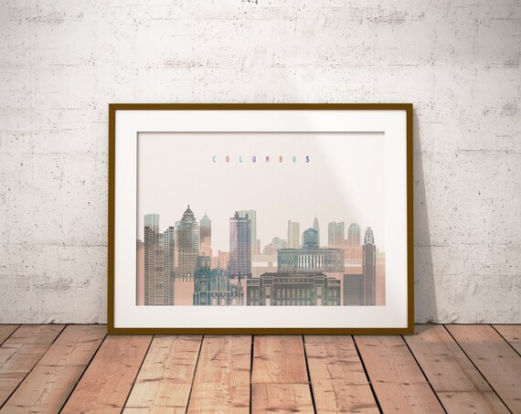 Columbus Watercolor Skyline Landmarks Modern Home Decor Poster