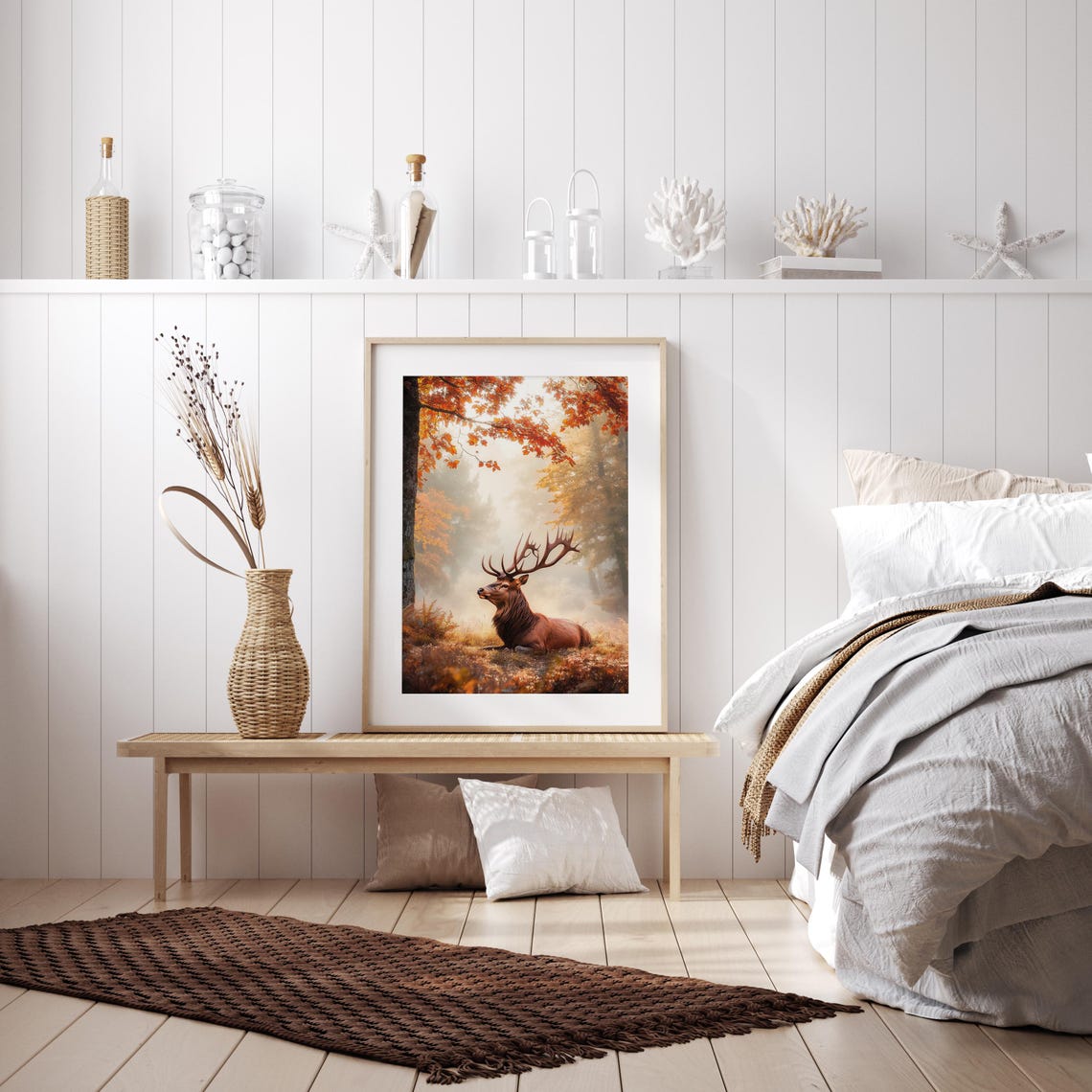 Red Stag Resting in a Misty Golden Autumn Forest Clearing Poster - Image 4