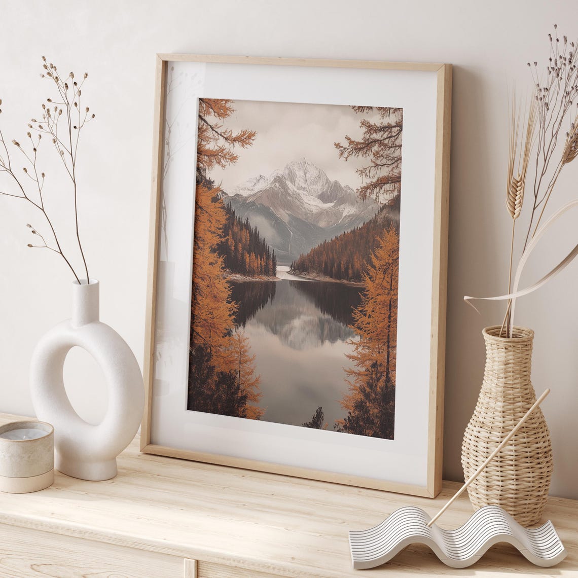 Snowy Peak Reflected in Alpine Lake with Golden Larches Poster - Image 2