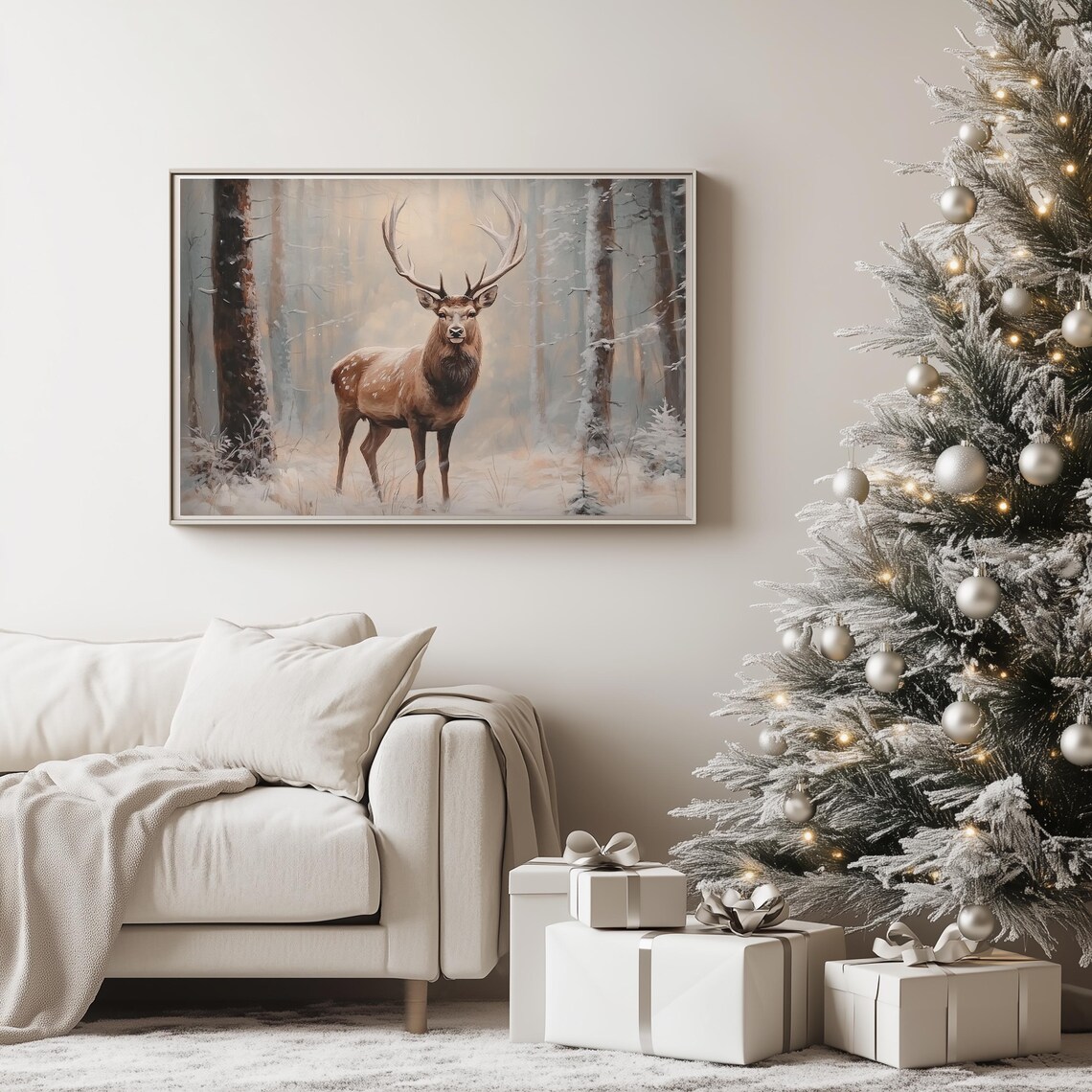 Majestic Stag with Antlers in Misty Snowy Forest Painting Poster - Image 4