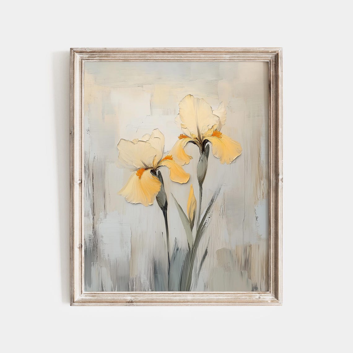 Two Yellow Iris Blooms On A Soft Gray Botanical Background Poster - Image 4