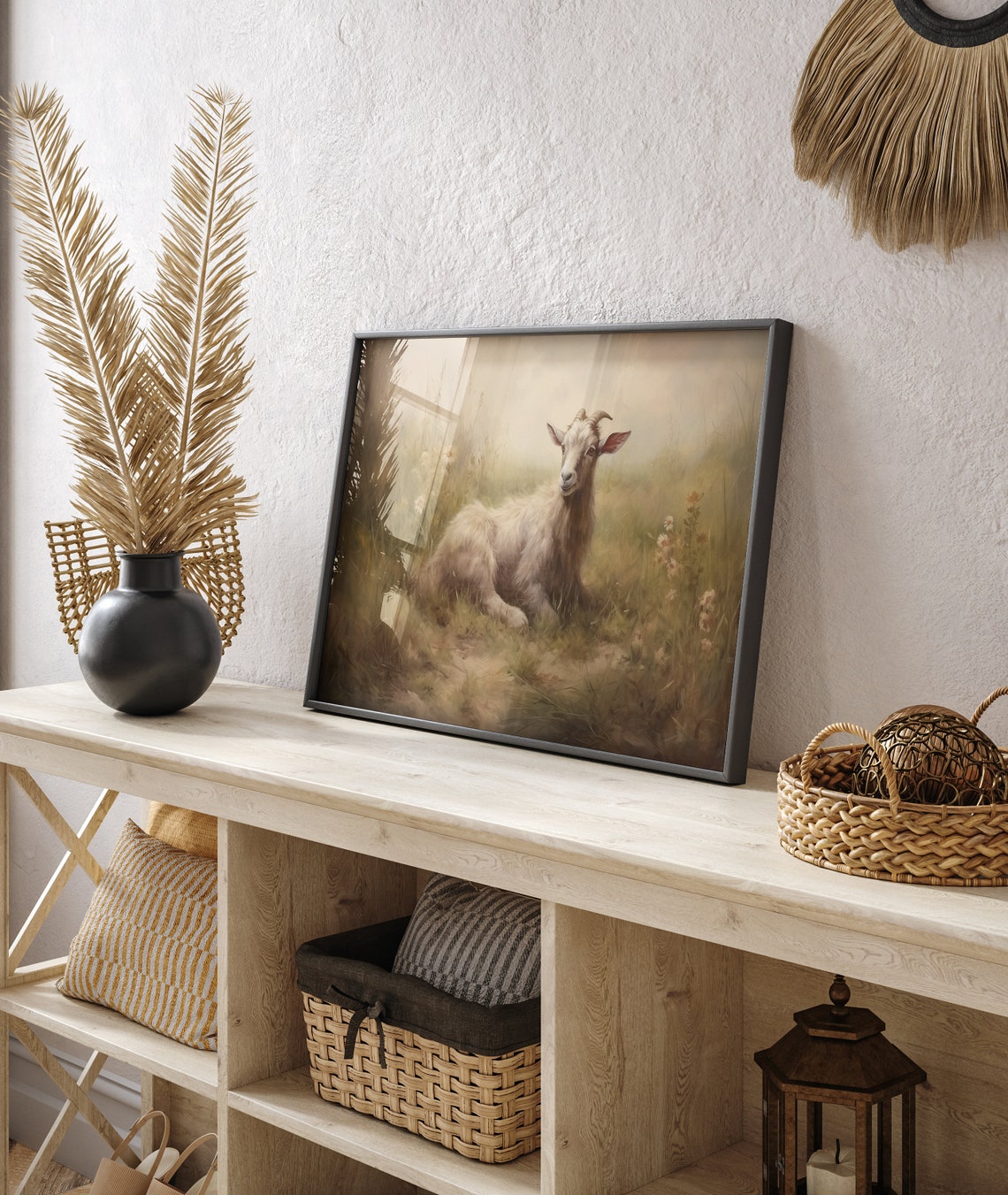 Young Goat Resting In Tall Grass On A Hazy Morning Farm Poster - Image 3