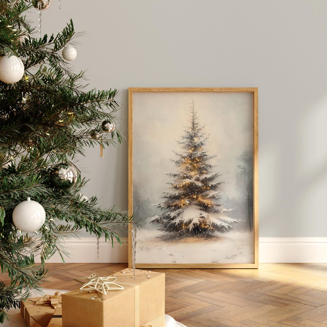 Glowing Christmas Tree with Lights in Snowy Field Winter Poster - Image 2