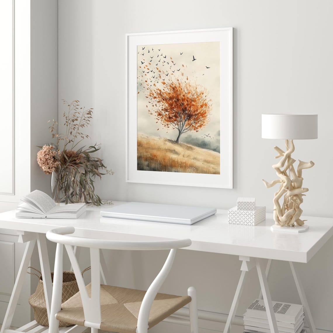 Autumn Tree Shedding Copper Leaves as Birds Take Flight Poster - Image 3