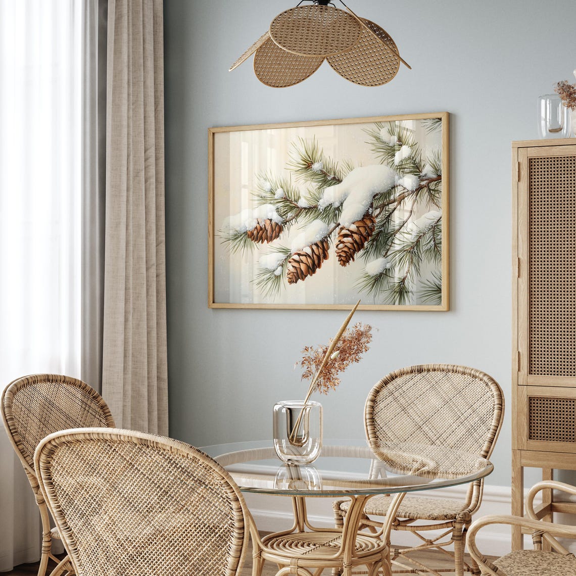 Snow-Covered Pine Branches with Pine Cones Winter Painting Poster - Image 2