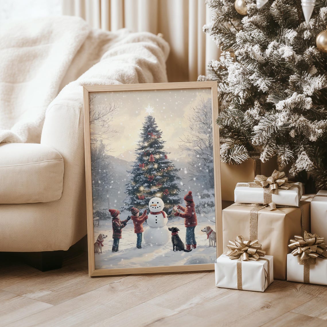 Children Building Snowman with Decorated Christmas Tree Poster - Image 3