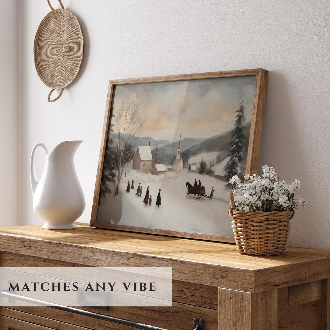 Vintage Winter Village Church Horse Sleigh Snowy Scene Poster - Image 2