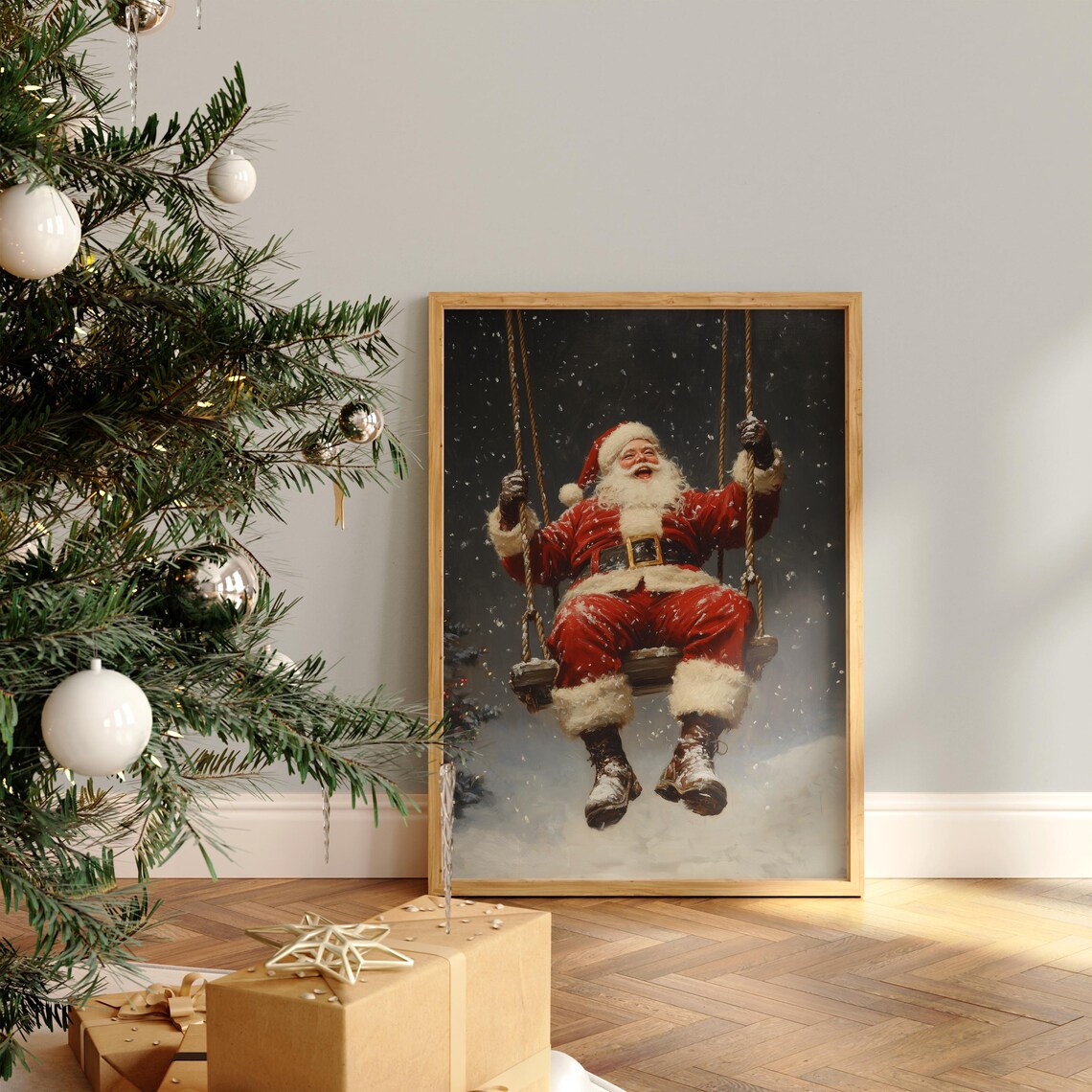 Laughing Santa Claus Swinging Snowfall Vintage Christmas Poster - Image 2