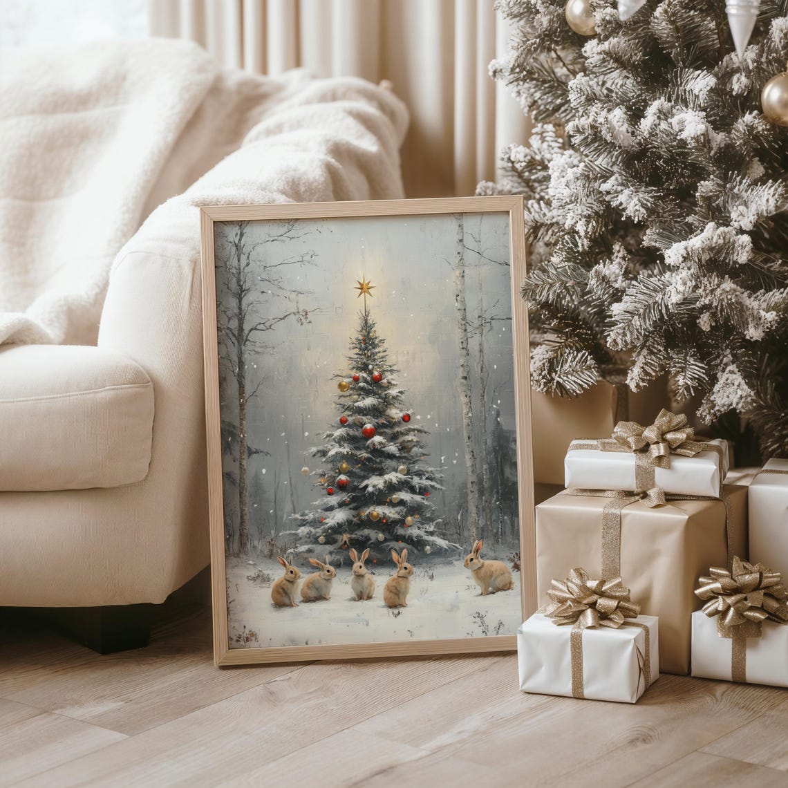Five Small Rabbits Gathered Around A Decorated Christmas Tree Poster - Image 2