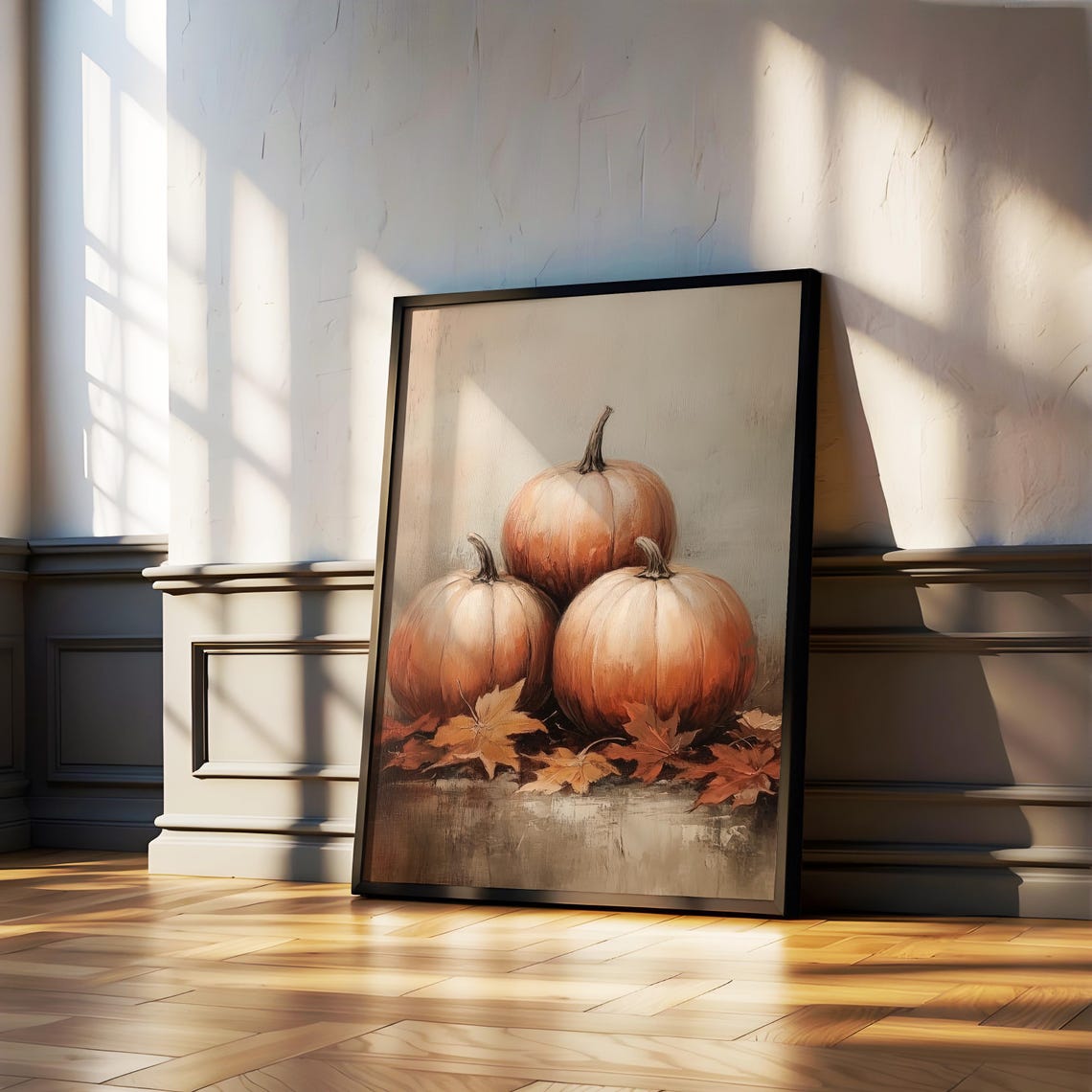 Three Orange Pumpkins Among Maple Leaves Still Life Painting Poster - Image 4