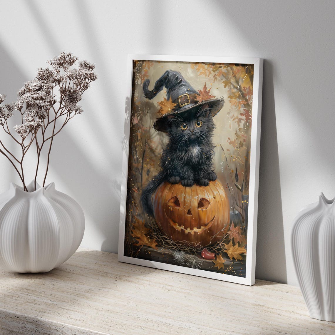 Black Kitten In A Witch Hat Sitting On A Jack-O-Lantern Poster - Image 2