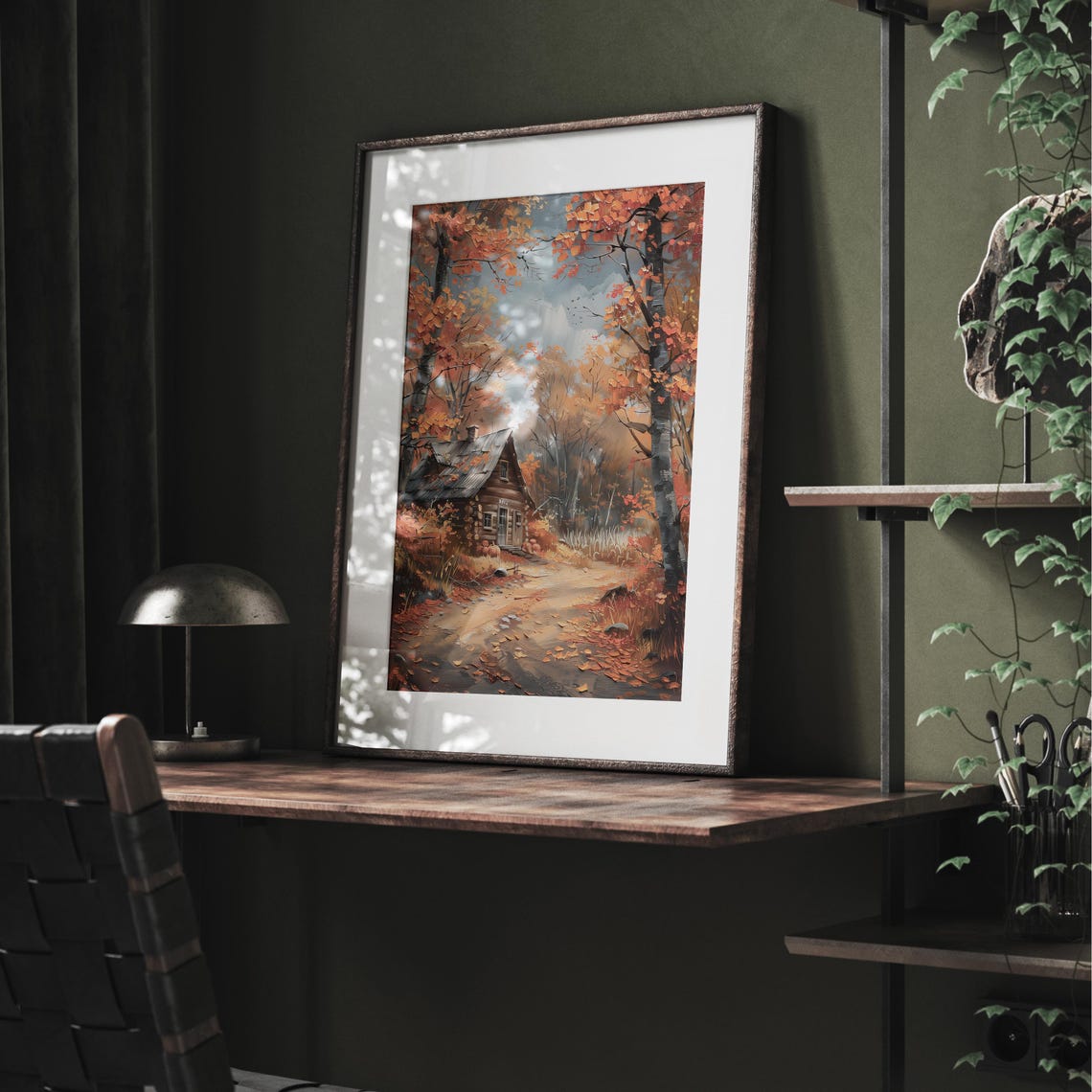 Cozy Autumn Log Cabin Nestled in Orange Fall Forest Painting Poster - Image 2