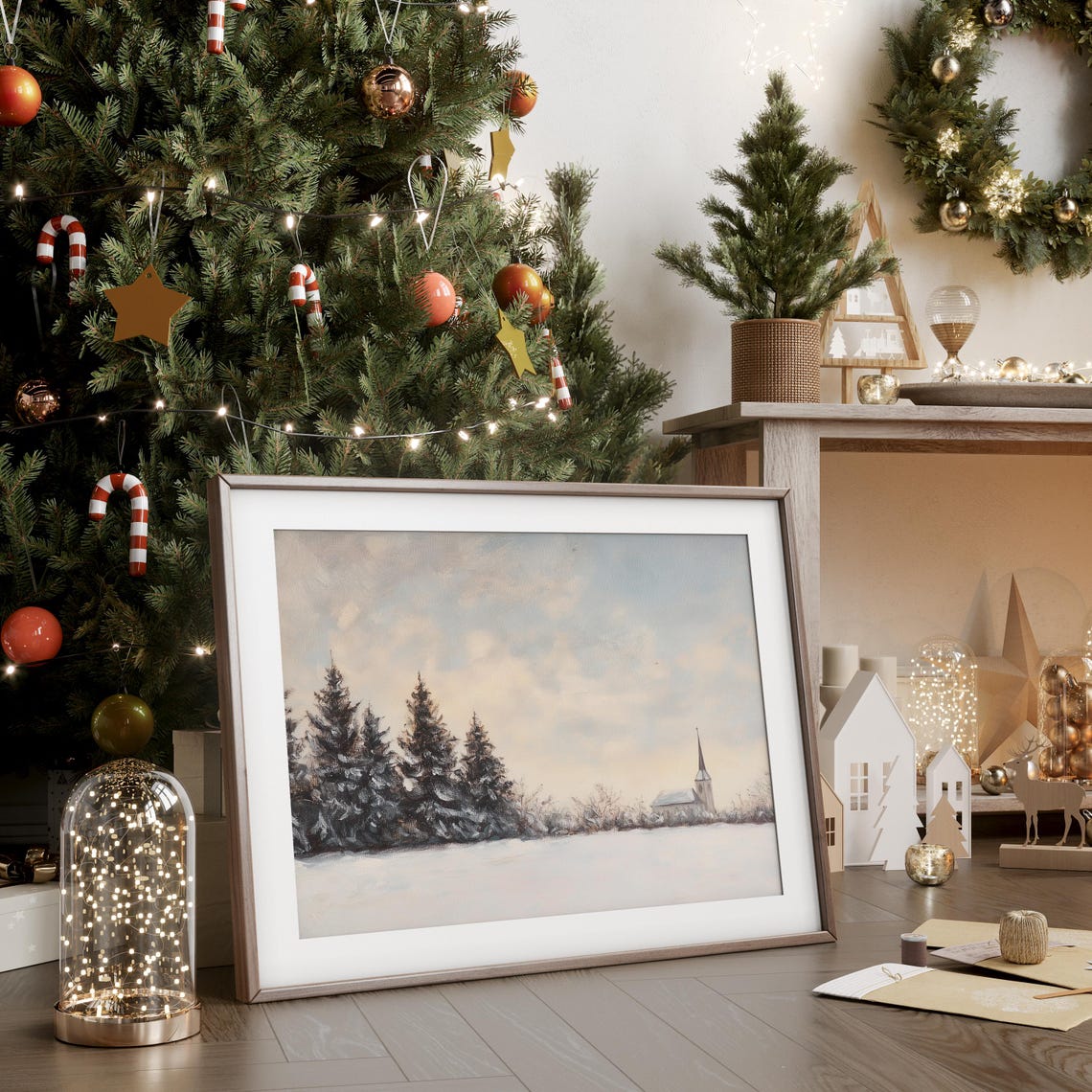 Snowy Field Evergreens with Distant Church Soft Winter Poster - Image 4