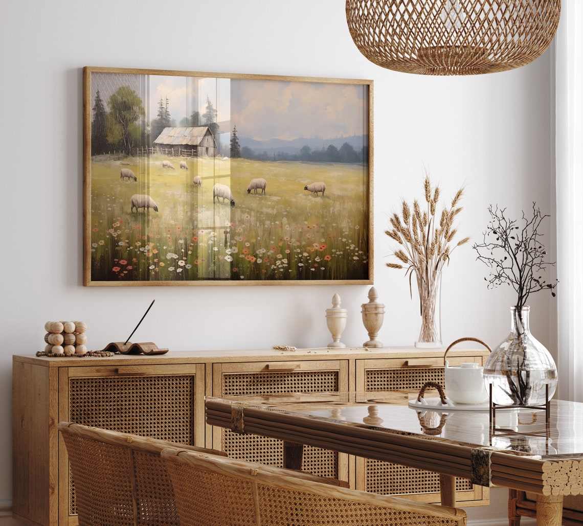 Sheep Grazing in Flower Meadow with Barn Vintage Country Poster - Image 2