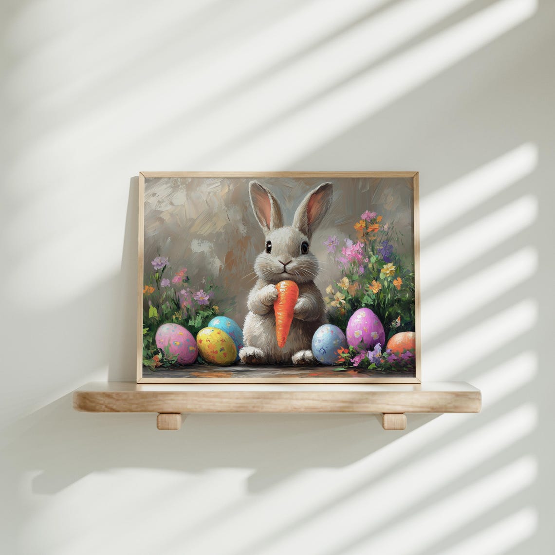 White Bunny Holding A Bright Carrot Beside Easter Eggs Poster - Image 2