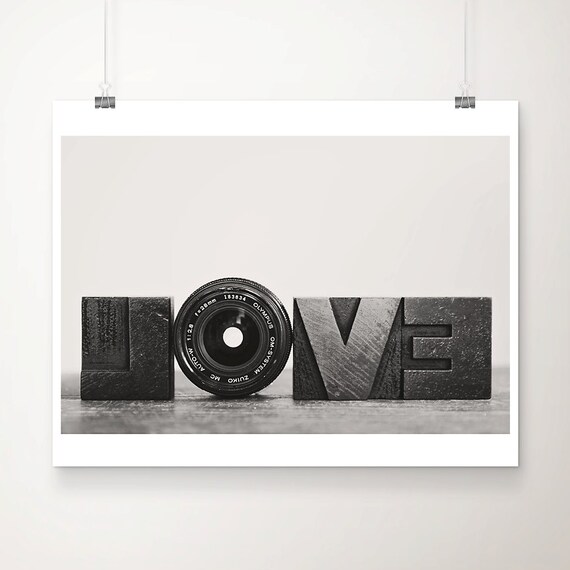 Black White LOVE Wooden Blocks Camera Lens Photography Poster