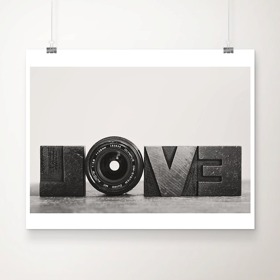Black White LOVE Wooden Blocks Camera Lens Photography Poster