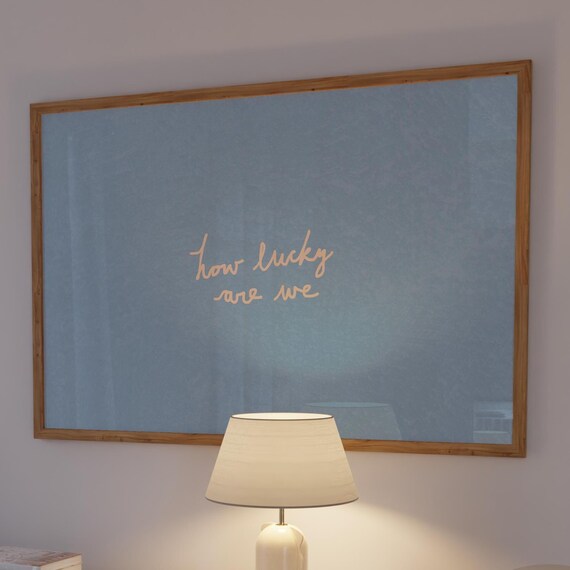 How Lucky Are We Beige Handwritten Gratitude Script Blue Wall Art