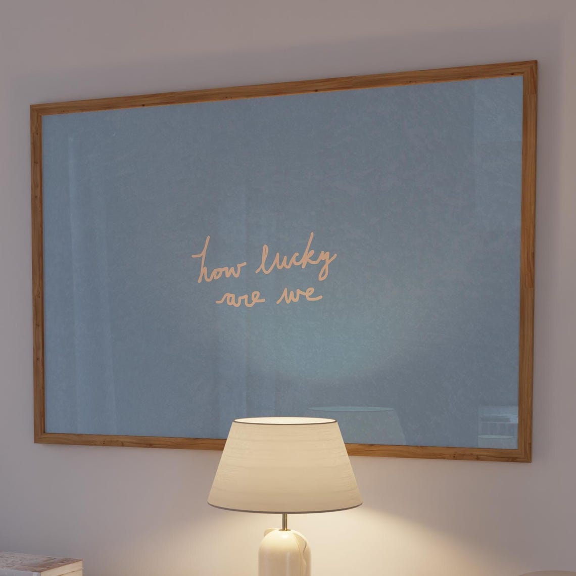 How Lucky Are We Beige Handwritten Gratitude Script Blue Wall Art