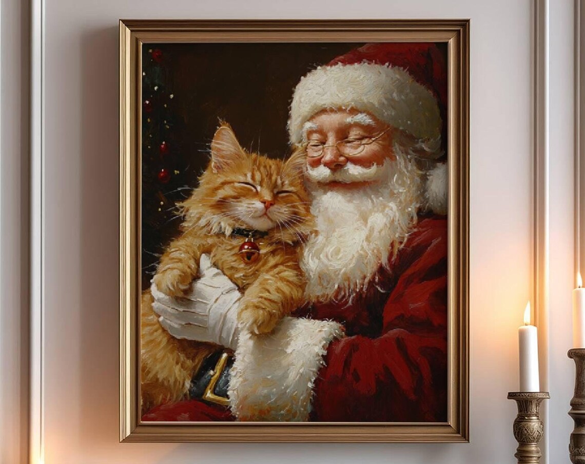 Santa Claus Hugging A Happy Ginger Tabby Cat Christmas Oil Poster
