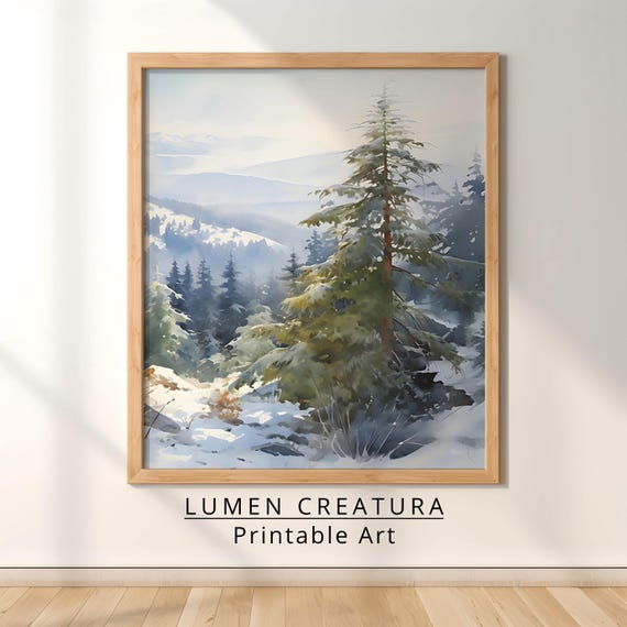 Pine Tree Winter Wall Art Watercolor Forest Painting Snow Landscape Large Wall Art Winter Farmhouse Print Wall Art