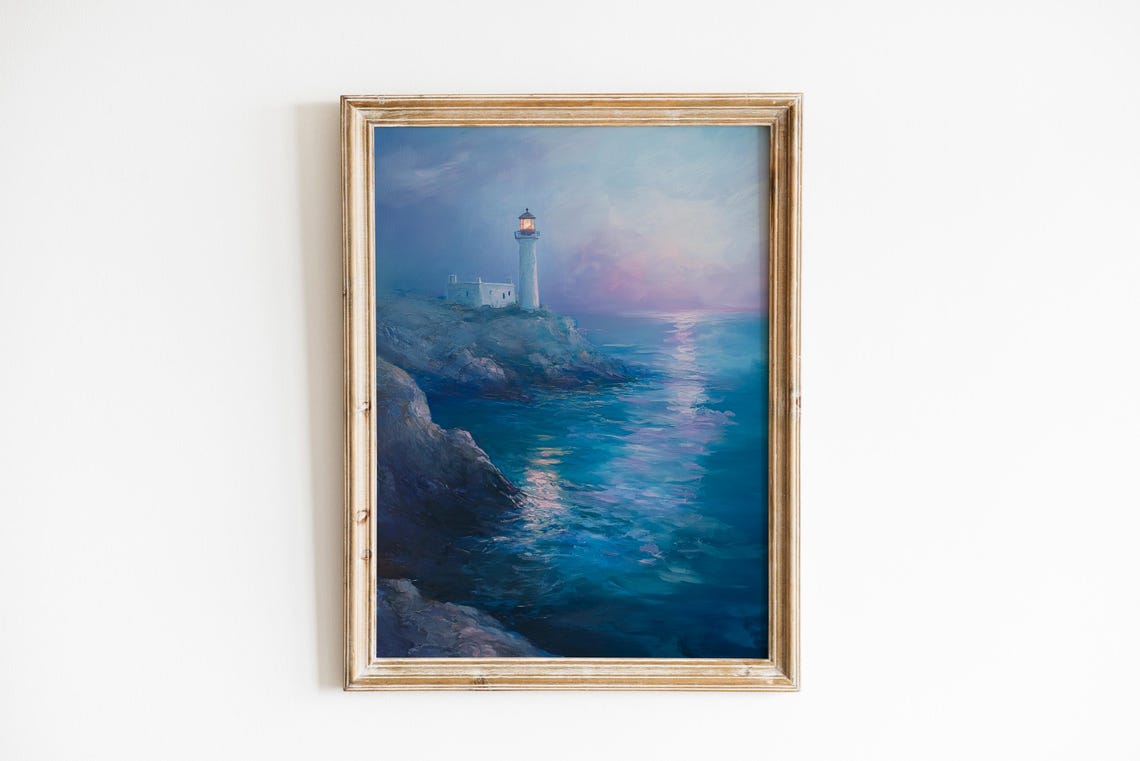 Serene Moody Lighthouse on Rocky Coastal Cliffs at Dawn Poster