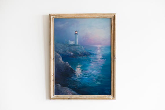 Moody Lighthouse At Dawn Wall Art Vintage Coastal Landscape Ocean Waves Nautical Decor Serene 329