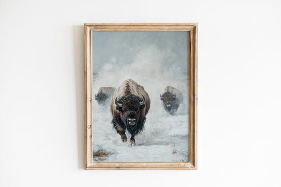 Moody Bison Crossing Steaming Winter Plain Rustic Wildlife Wall Art Oil Painting Earthy Nature Decor 615