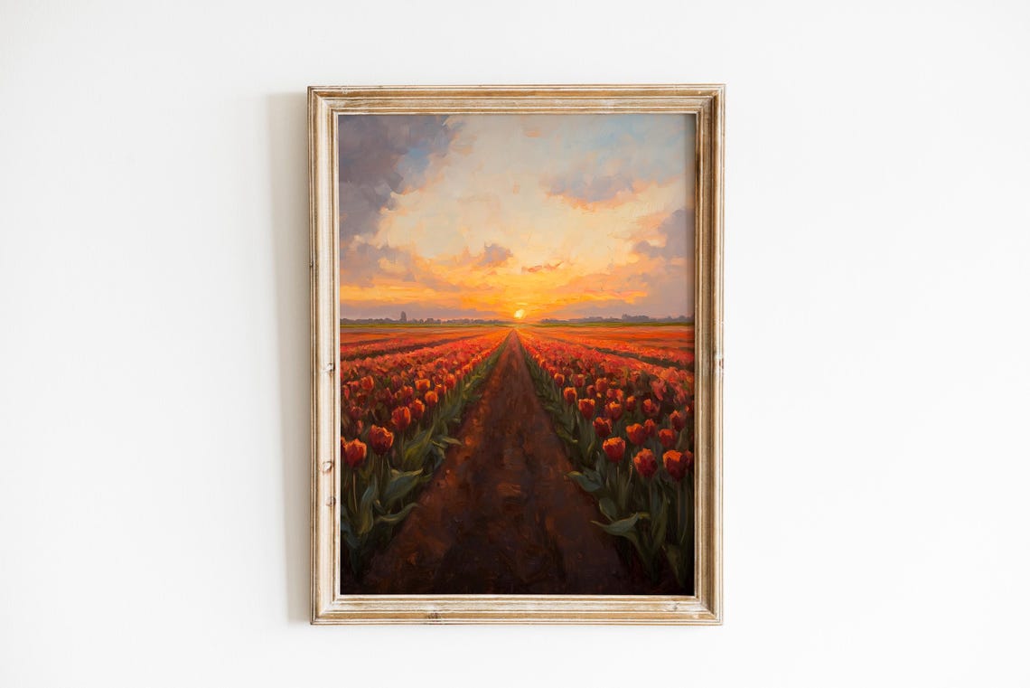 Sunrise Over Blooming Tulip Fields Rustic Red Oil Painting Wall Art