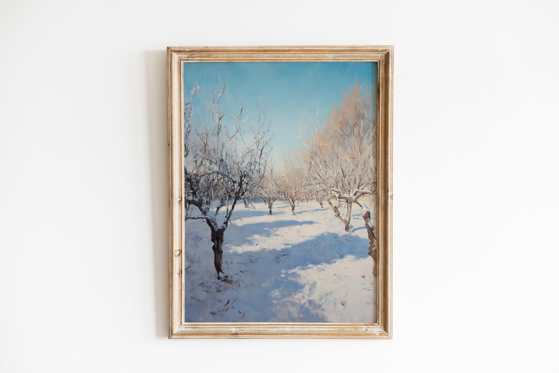 Frozen Orchard Winter Snow Sunlit Trees Vintage Landscape Art Poster