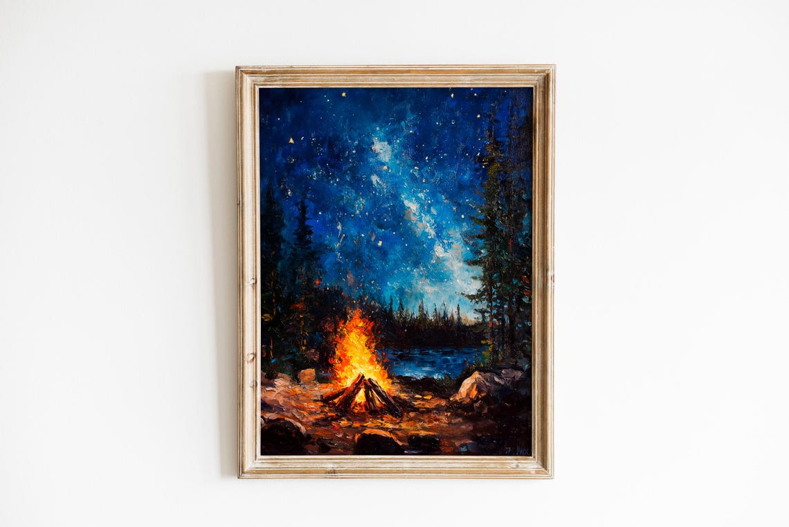 Nightscape Wall Art Cozy Campfire By Mountain Lake Celestial Night Scene Rustic Outdoor Setting Starry Sky 965
