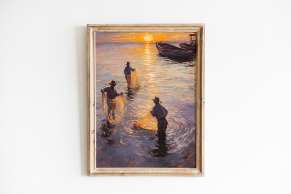 Fishermen Casting Nets At Sunrise Golden Sea Oil Painting Print