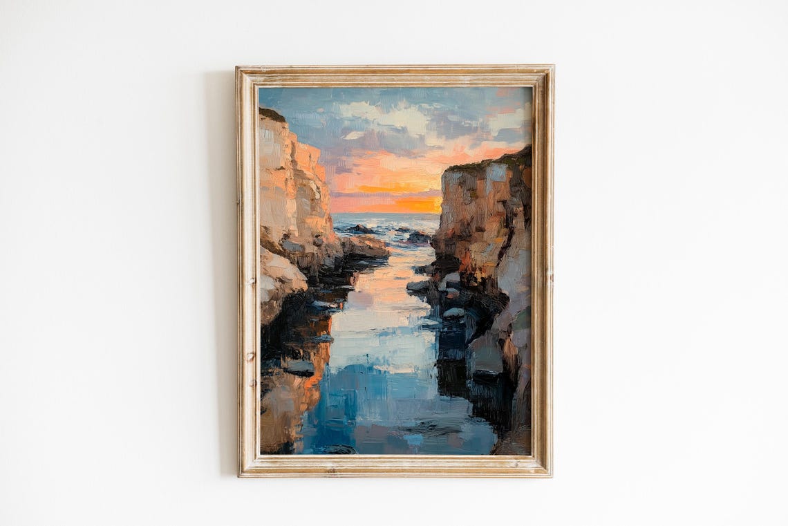 Moody Coastal Dawn Seascape Cliffs Tide Pool Sunset Glow Art Poster