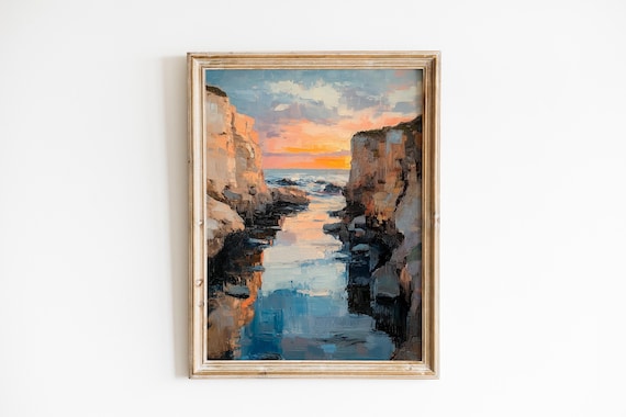 Moody Coastal Dawn Seascape Cliffs Tide Pool Sunset Glow Art Poster
