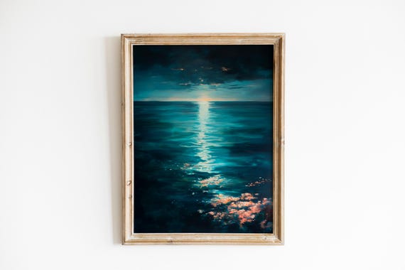 Moody Night Seascape Wall Art Dramatic Starlit Ocean Painting Dreamy Coastal Decor Glossy Nighttime Scene 782