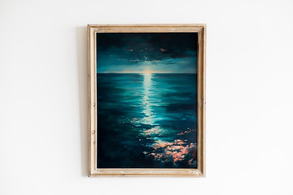 Moonlit Night Ocean Seascape Starry Dark Blue Moody Coastal Poster