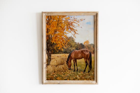Rustic Horse Grazing Autumn Field Painting Vintage Equestrian Print