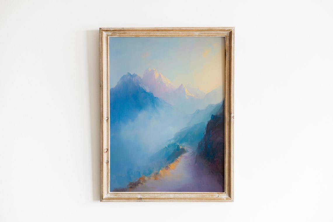 Misty Blue Mountain Peaks Dreamy Pastel Impressionist Landscape Print