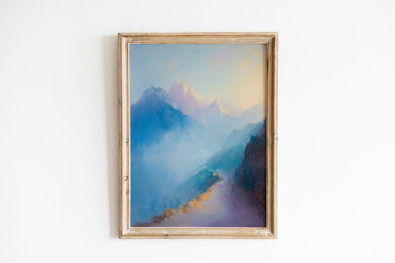 Mountain Landscape Art Dreamy Misty Peaks Moody Impressionistic Wall Pastel Blue And Purple Scene 835