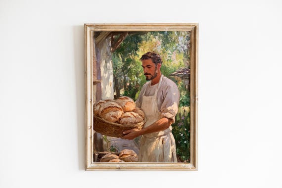 Rustic Baker Delivering Freshly Baked Bread In Cozy Garden Warm Oil Painting Farmhouse Wall Art Instant 1102